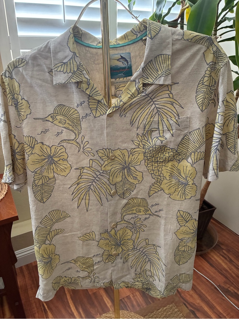 Tommy Bahama Beige Hawaiian Print Camp Shirt with Yellow Accents